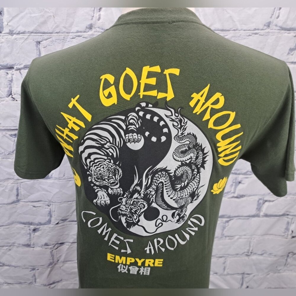 Empyre Men's Graphic T-Shirt Tee Karma Tiger Dragons Tao Military Green Small